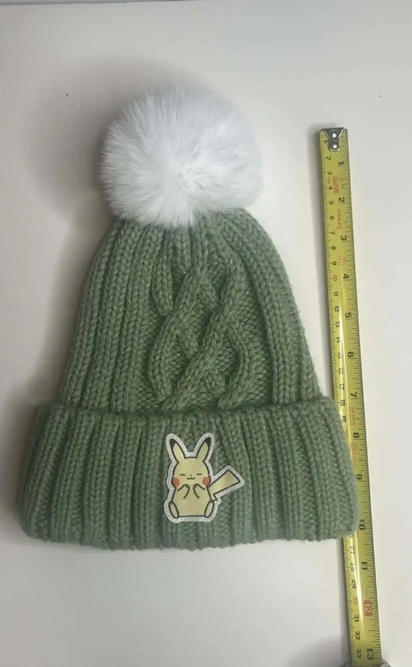 Youth Pokémon Pikachu Green & White Cable Knit Beanie With Pom Pom, NWOT